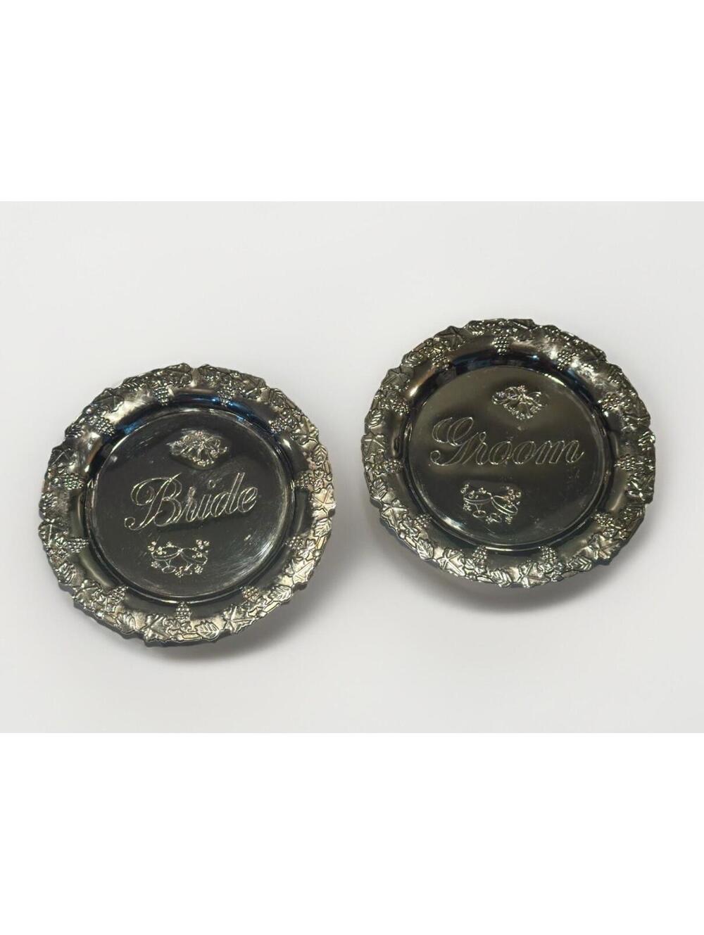 Set of 2 Vintage Elegant Steel Grape Vine Champagne Metal Bride & Groom Coasters